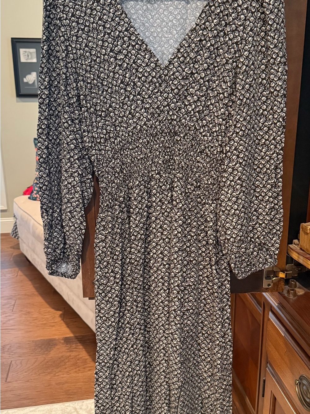 GAP Black Dress with White Floral Print Long Sleeve Midi